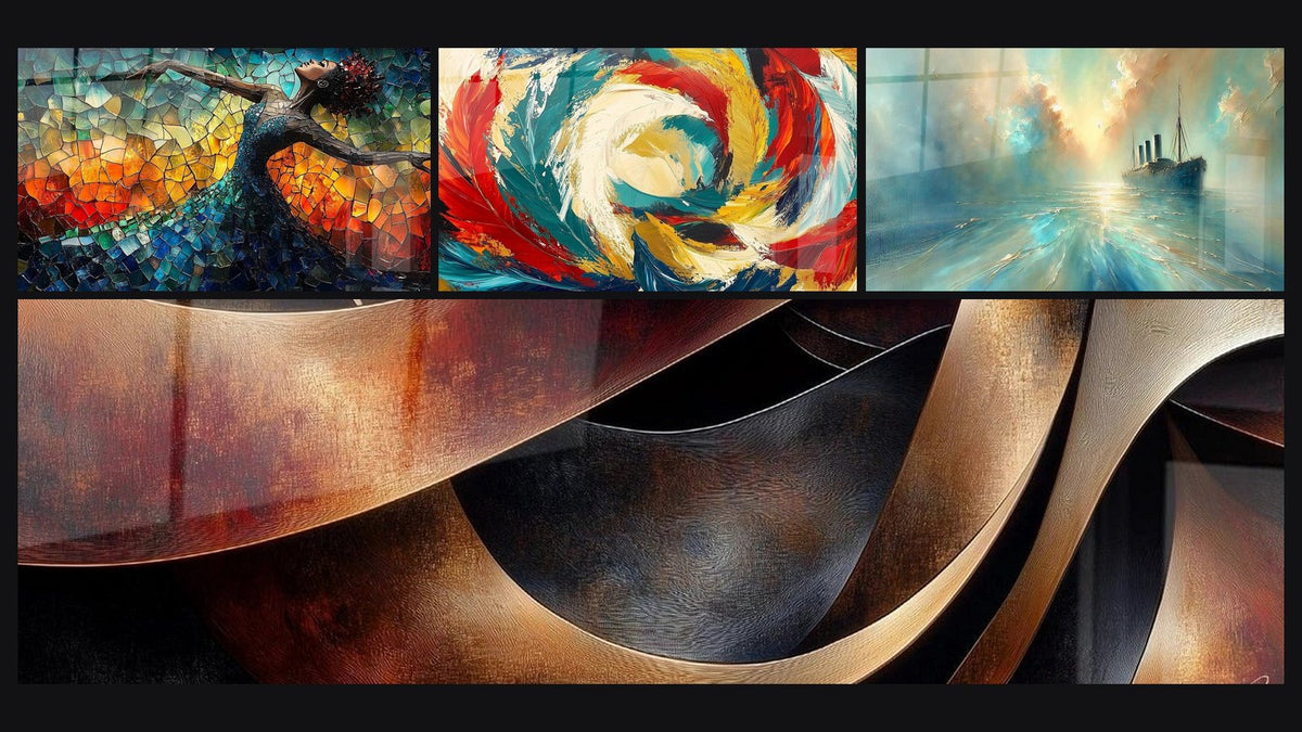 Mosaik aus vier Gemälden, darunter Befreiender Feuer Tanz Rot, Sinuositäten Meditation Ocker und Kosmische Metamorphose