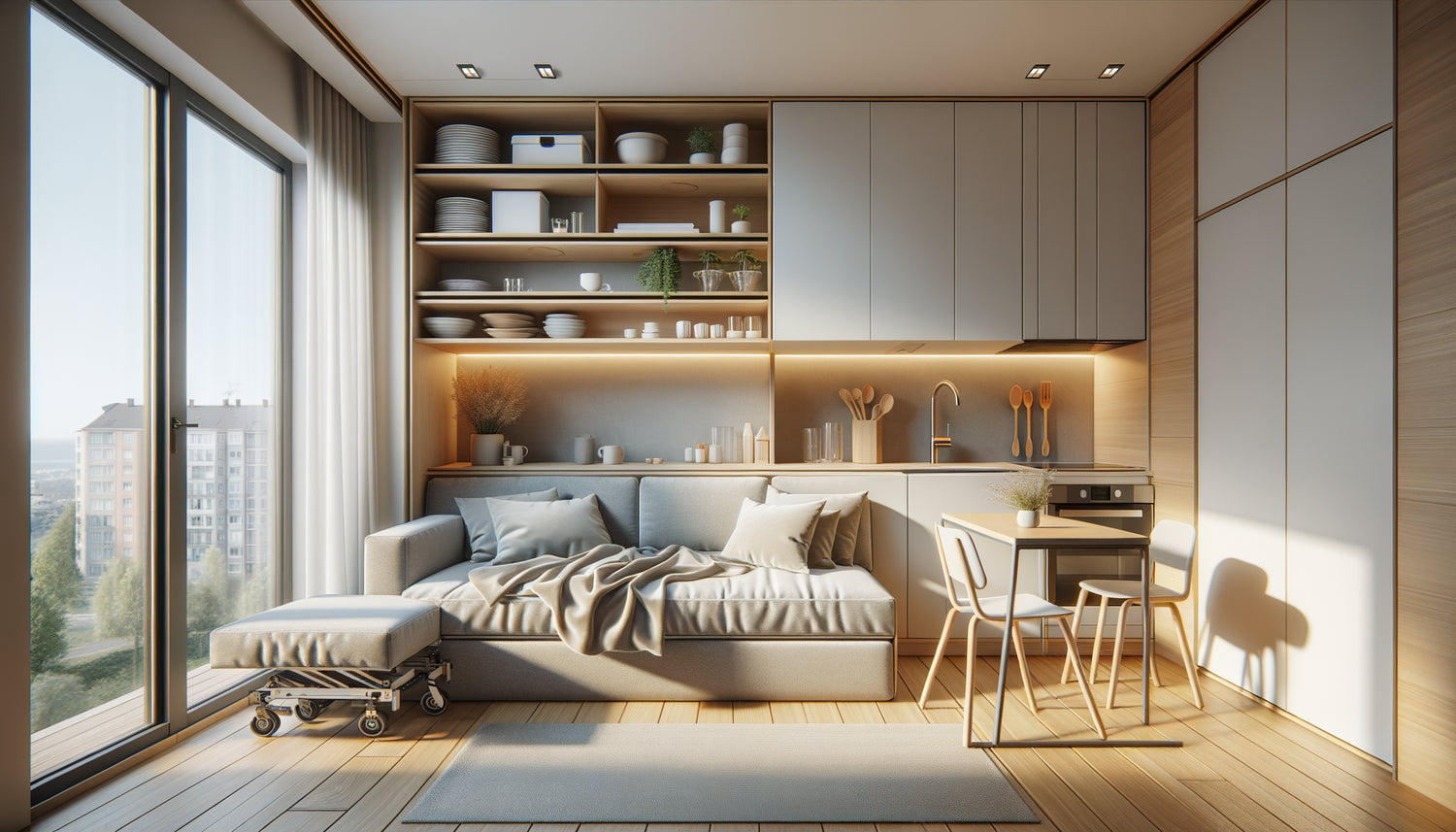 Studio moderne équipé de meubles multifonctions : canapé-lit, îlot mobile et rangements optimisés pour location Airbnb