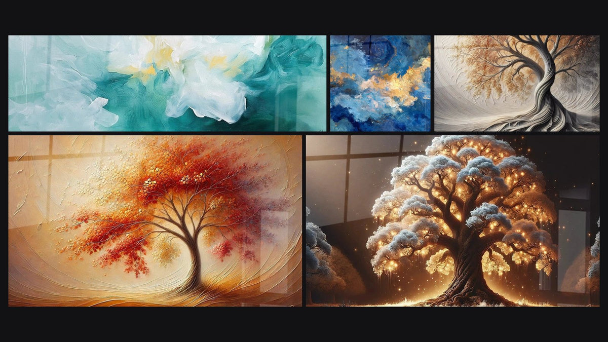 Mosaïque de cinq tableaux, dont Nuages Apaisants Turquoise, Nuages dorés et Souffle de la Terre
