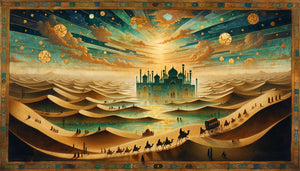 Miniature persane de Boukhara représentant un mirage du désert avec pigments translucides et feuille d'or fragmentée, style XVe-XVIe siècle