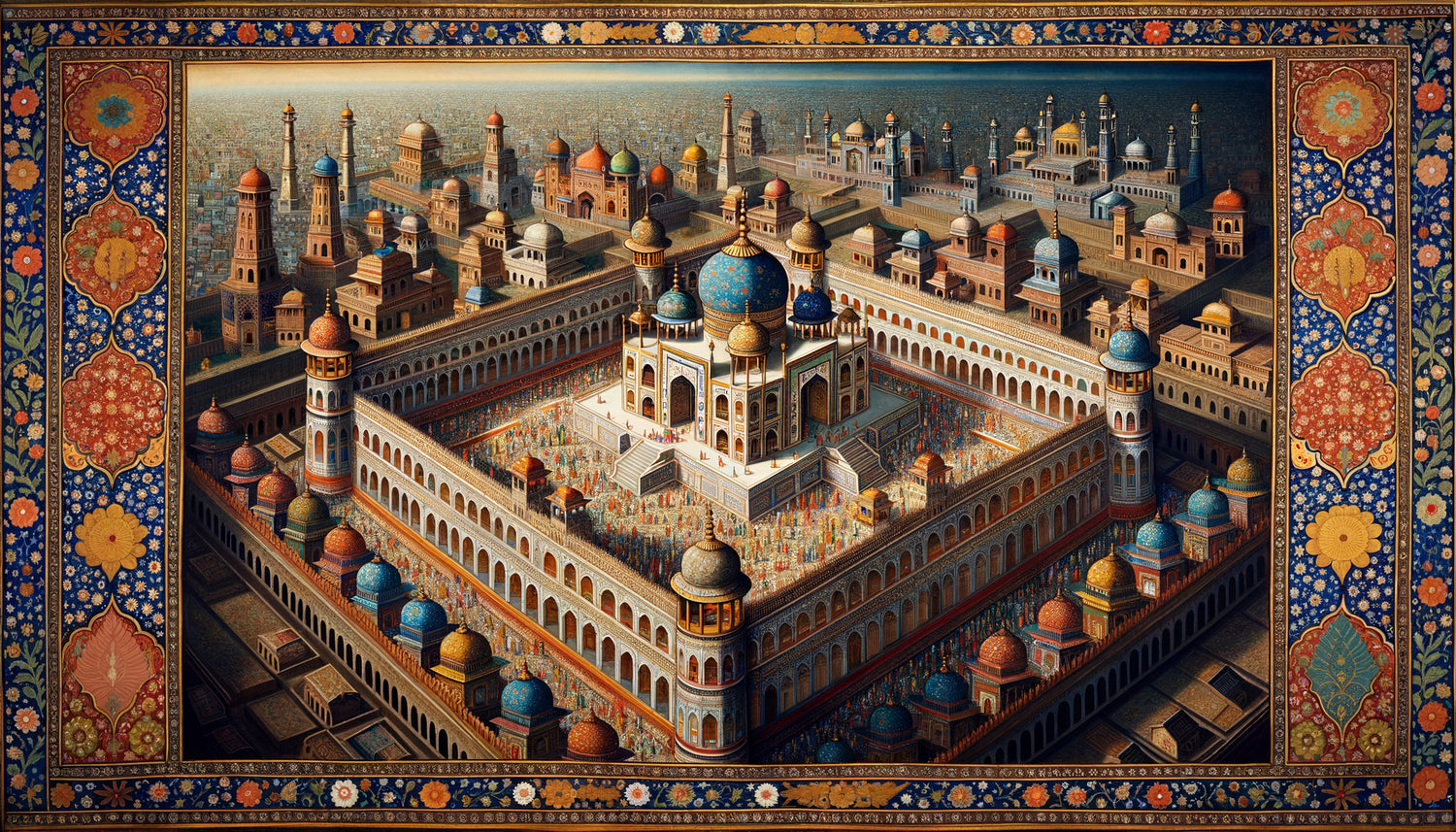 Miniature indienne moghole représentant un palais urbain avec perspective unique, détails architecturaux microscopiques et couleurs vives traditionnelles