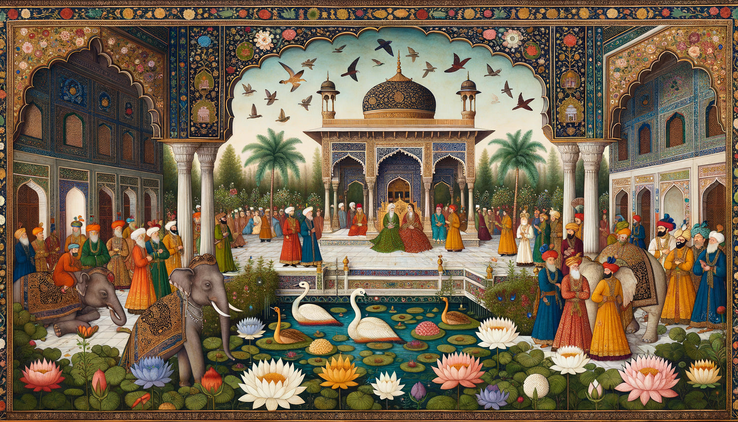 Miniature moghole du 17ème siècle fusionnant conventions persanes et observation naturaliste indienne avec jardins détaillés et faune locale