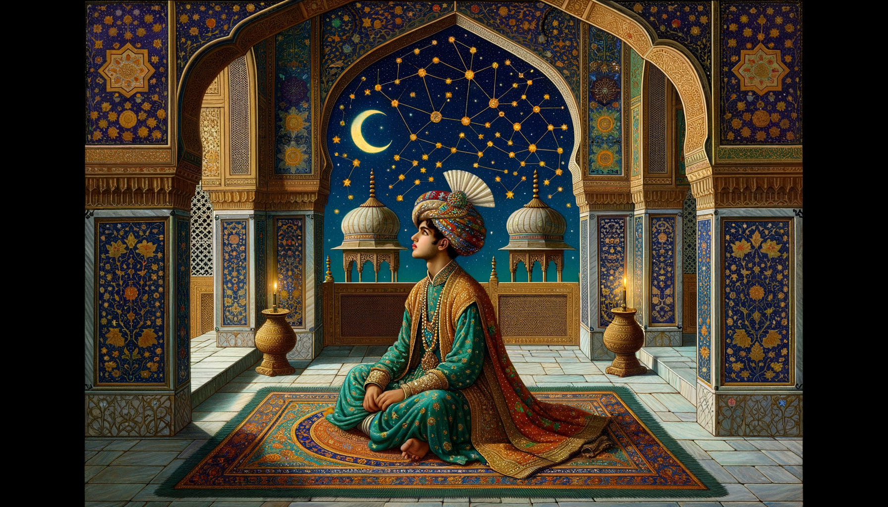 Miniature moghole du 17e siècle représentant un prince en turban contemplant les étoiles depuis une terrasse palatiale ornementée