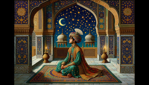 Miniature moghole du 17e siècle représentant un prince en turban contemplant les étoiles depuis une terrasse palatiale ornementée