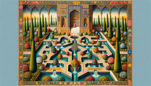 Miniature persane période safavide montrant jardin chahar bagh avec perspective verticale et palette chromatique vibrante symbolique