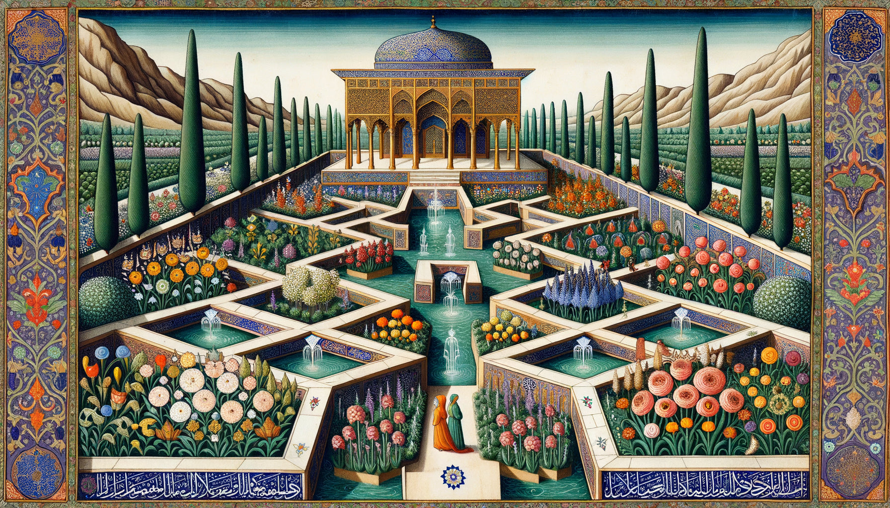 Miniature persane de l'école de Herat du XVe siècle représentant un jardin géométrique paradisiaque avec canaux, fleurs symboliques et palette raffinée