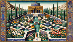 Miniature persane de l'école de Herat du XVe siècle représentant un jardin géométrique paradisiaque avec canaux, fleurs symboliques et palette raffinée