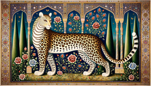 Miniature persane safavide représentant un léopard stylisé dans un jardin fleuri, style atelier de Tabriz 16ème siècle