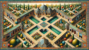 Miniature persane de l'école d'Ispahan du 16ème siècle représentant un jardin chahar bagh avec perspective flottante et géométrie complexe