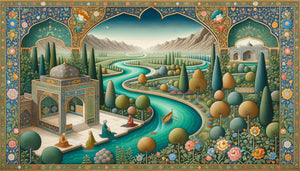Miniature persane du 16e siècle représentant une plaine alluviale avec rivière sinueuse, jardin paradisiaque et figures impériales, style safavide