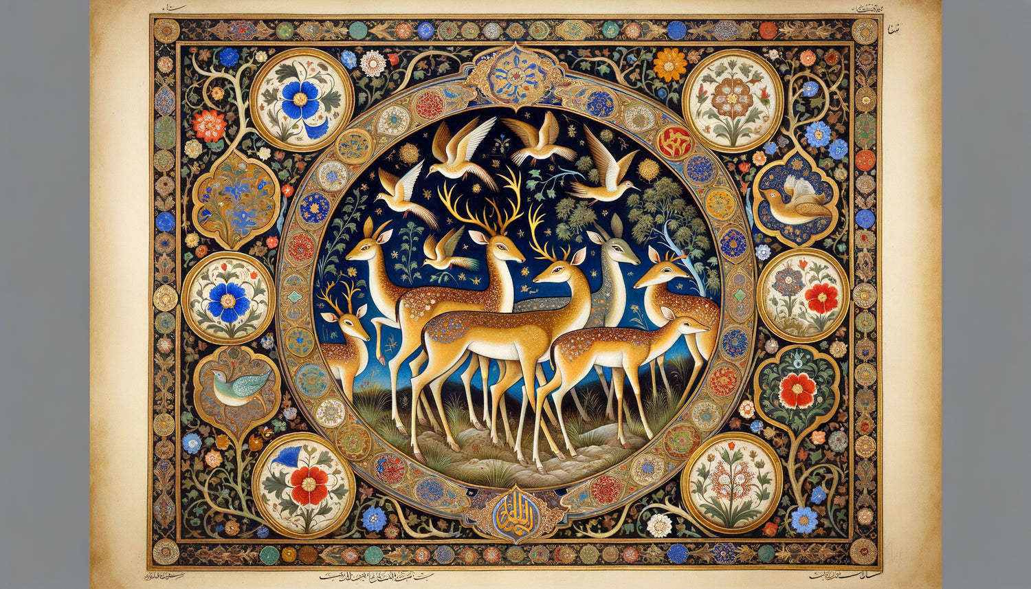 Miniature ottomane du 16e siècle représentant des animaux, fusion des styles naturaliste ottoman et symbolique persan safavide