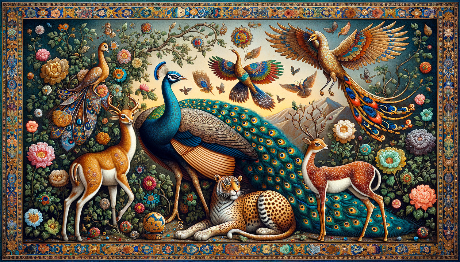 Détail de miniature persane safavide montrant animaux stylisés entre réalisme anatomique et symbolisme codifié, pigments riches et or