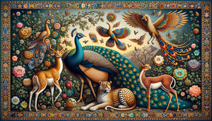 Détail de miniature persane safavide montrant animaux stylisés entre réalisme anatomique et symbolisme codifié, pigments riches et or