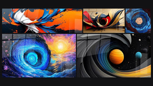 Mosaïque de cinq tableaux, dont Abstrait explosion de couleurs, Abstrait mouvement et Spirale cosmique bleue