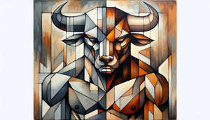 Minotaure dans le style cubiste de Picasso années 1930, symbole psychanalytique de la dualité humaine et de l'inconscient