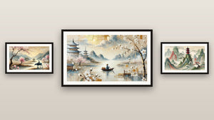 Mur de galerie avec trois tableaux encadrés : Asie N°1, Retour au Village et Le Sanctuaire du Vent