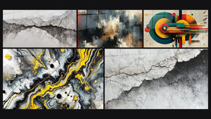 Mozaïek van vijf schilderijen, waaronder Georganiseerde Chaos, Geometrische tafel Concentrische energie en Zwart Impact