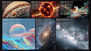 Mosaïque de six tableaux, dont Œil de Jupiter, Colosse de Feu et Lune Iridescente Vagues