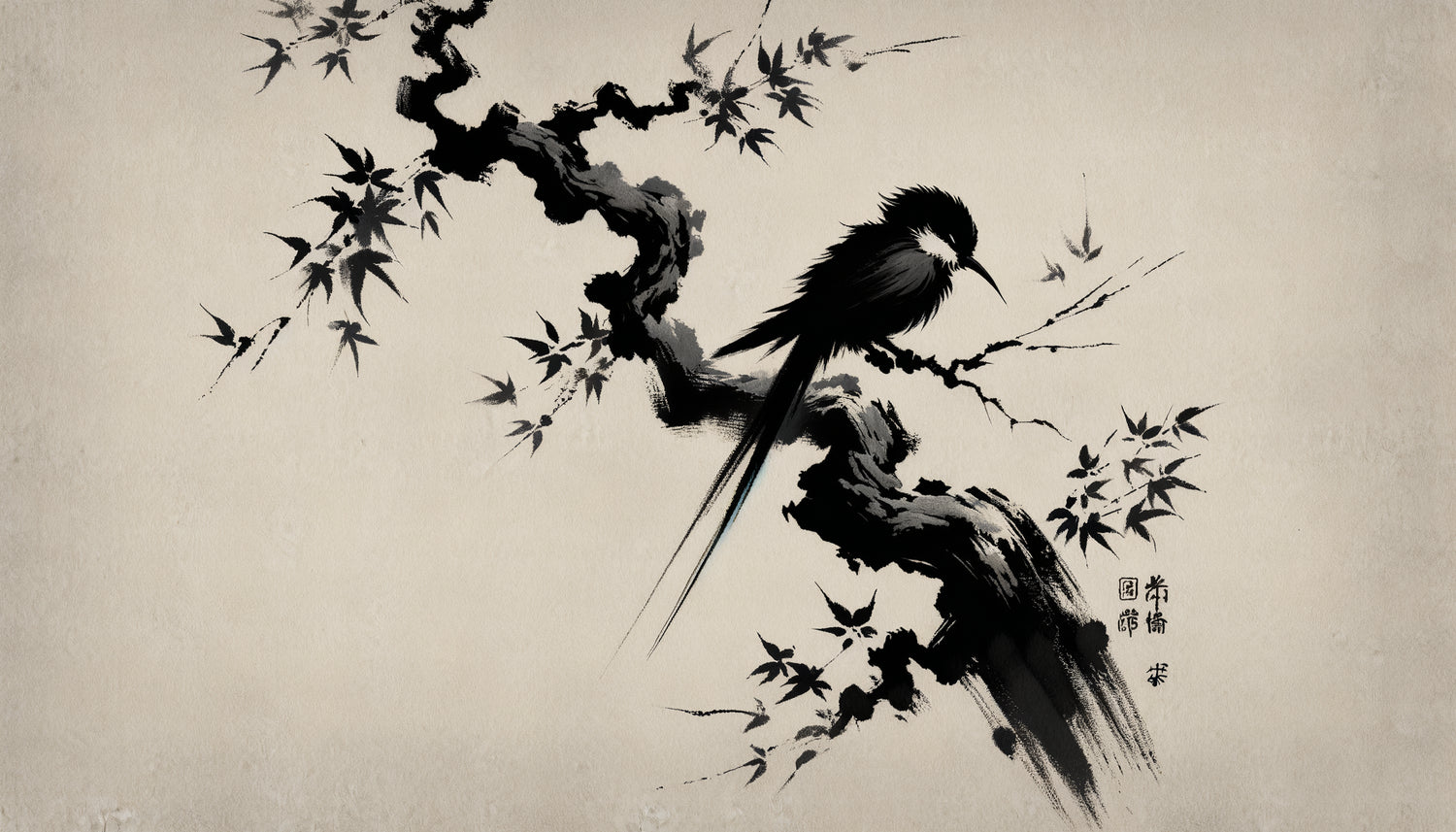Peinture zen à l'encre sumi-e de Miyamoto Musashi, coup de pinceau calligraphique vigoureux sur papier de riz, esthétique minimaliste Edo 17ème siècle