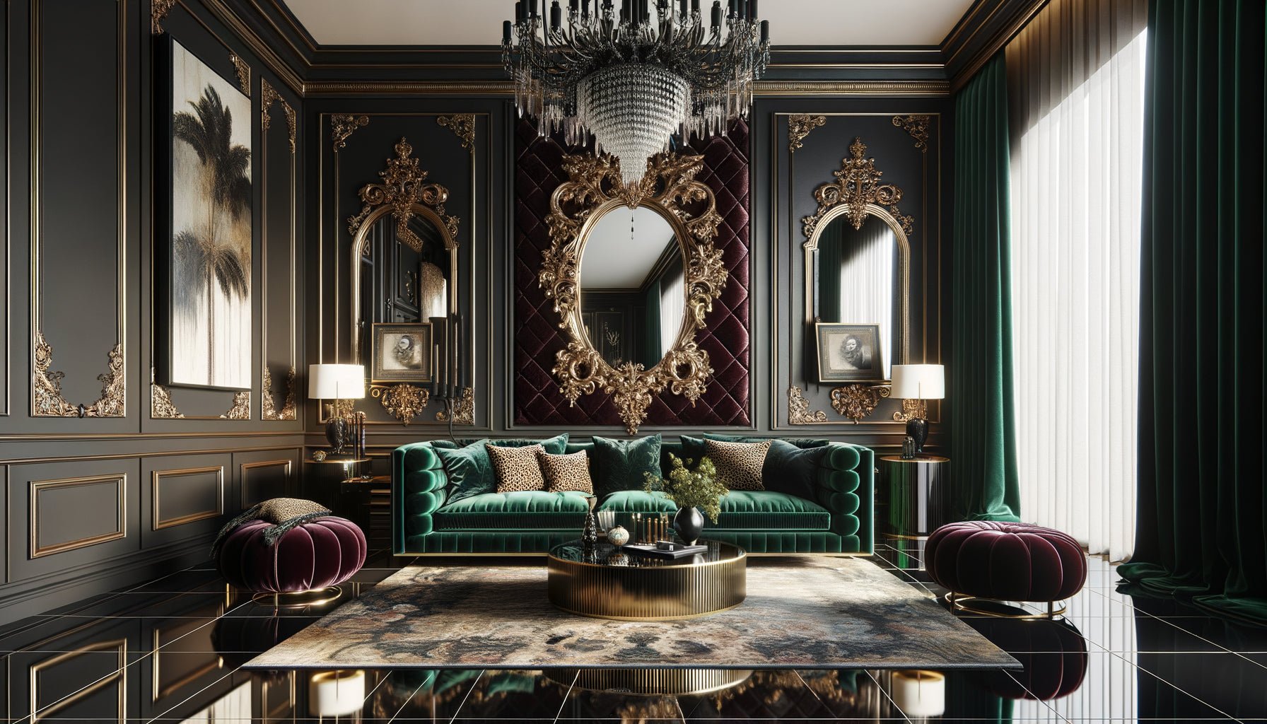 Intérieur luxueux dans le style Mob Wife Aesthetic avec mur en velours bordeaux, miroir baroque doré, canapé vert émeraude et décoration maximaliste opulente