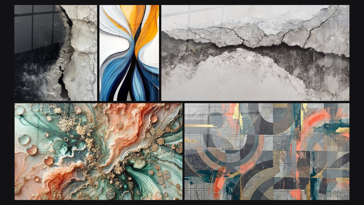 Mosaic of five paintings, including Abstract Black White Gray Cracked Textured, Coral Dream and Dynamic Colored Flows