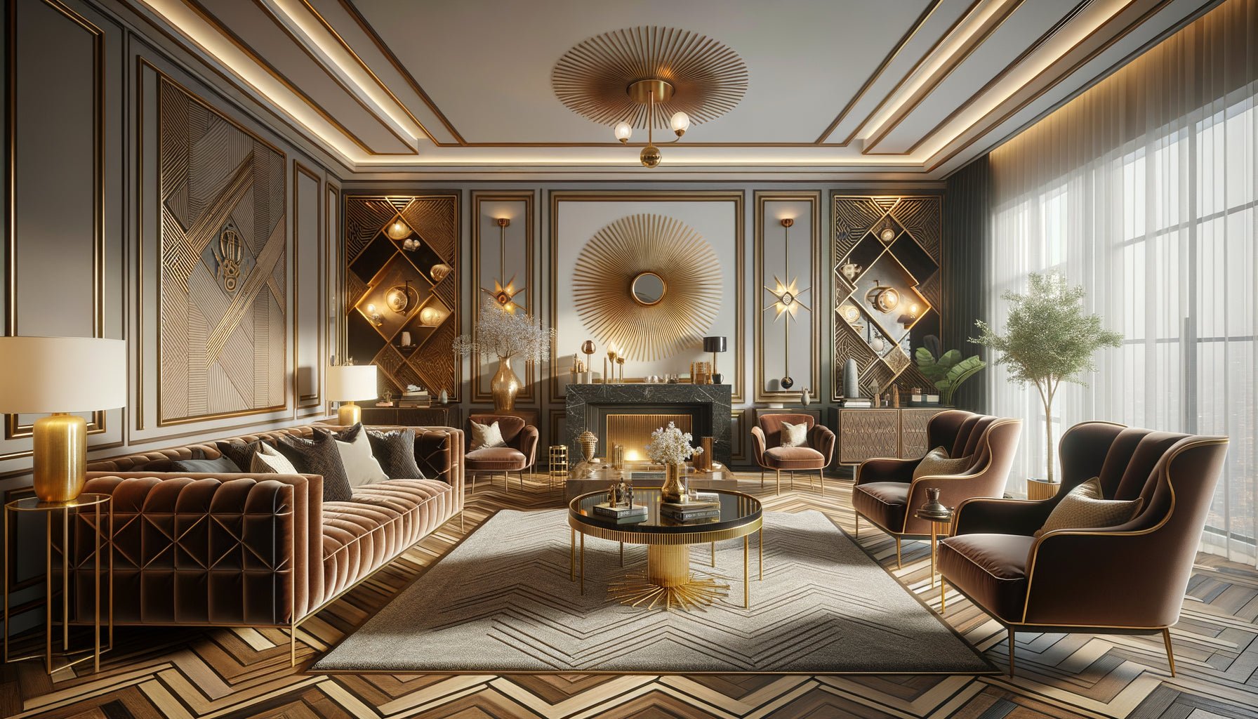 Intérieur contemporain 2025 dans les tons Mocha Mousse avec influences Art déco : canapé en velours marron chocolat, motifs géométriques, accents laiton et ambiance sophistiquée