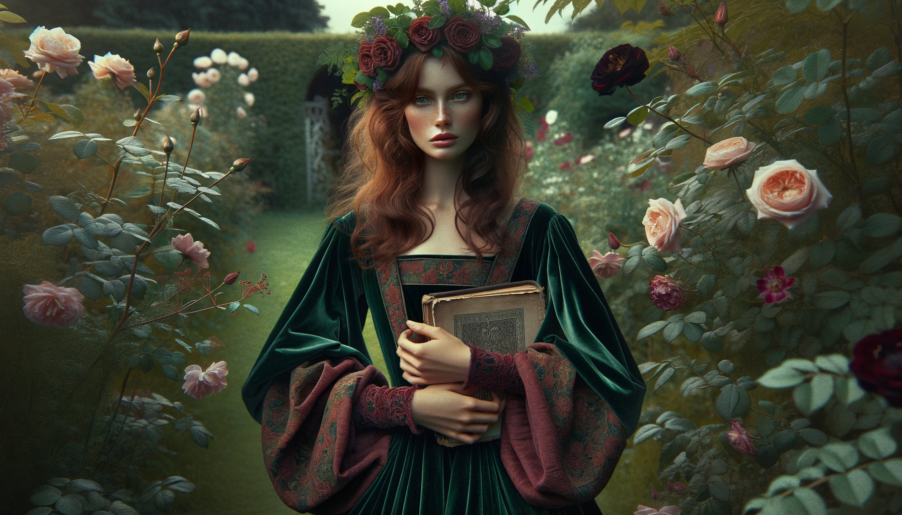 Robe préraphaélite fluide inspirée des peintures de Rossetti, silhouette victorienne romantique sans corset, palette chromatique intense