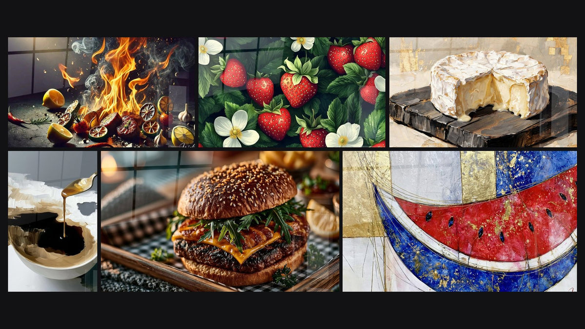 Mosaïque de six tableaux, dont Arômes Enflammés, Fraise N°2 et Bol blanc et noir au miel doré