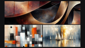 Mosaïque de trois tableaux : Sinuosités Méditation Ocre, Mécanique des couleurs et Aurore sur la Baie