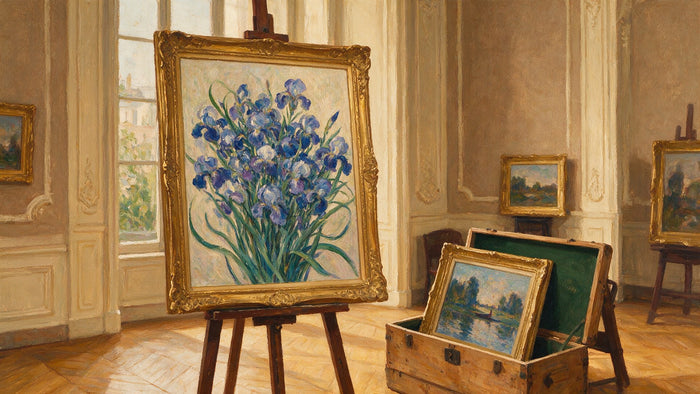 Un grand tableau de fleurs d'iris bleues et violettes posé sur un chevalet dans un salon de vente, près d'une caisse de transport en bois ouverte.