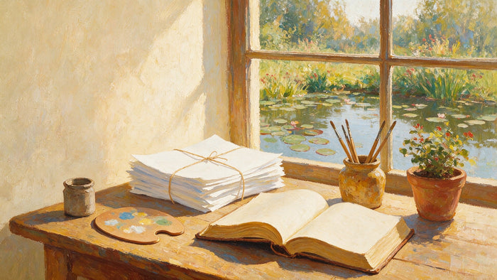 Un bureau près d'une fenêtre ouvrant sur un bassin de nénuphars, avec des lettres manuscrites et un livre ouvert