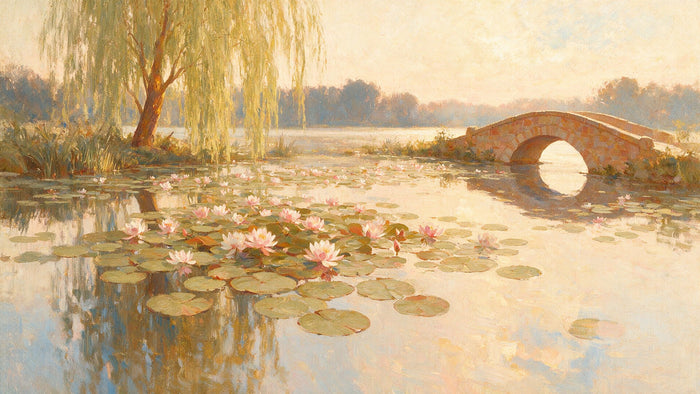 Un étang calme couvert de nénuphars roses et blancs, avec des reflets de saules et une petite passerelle en arrière-plan.