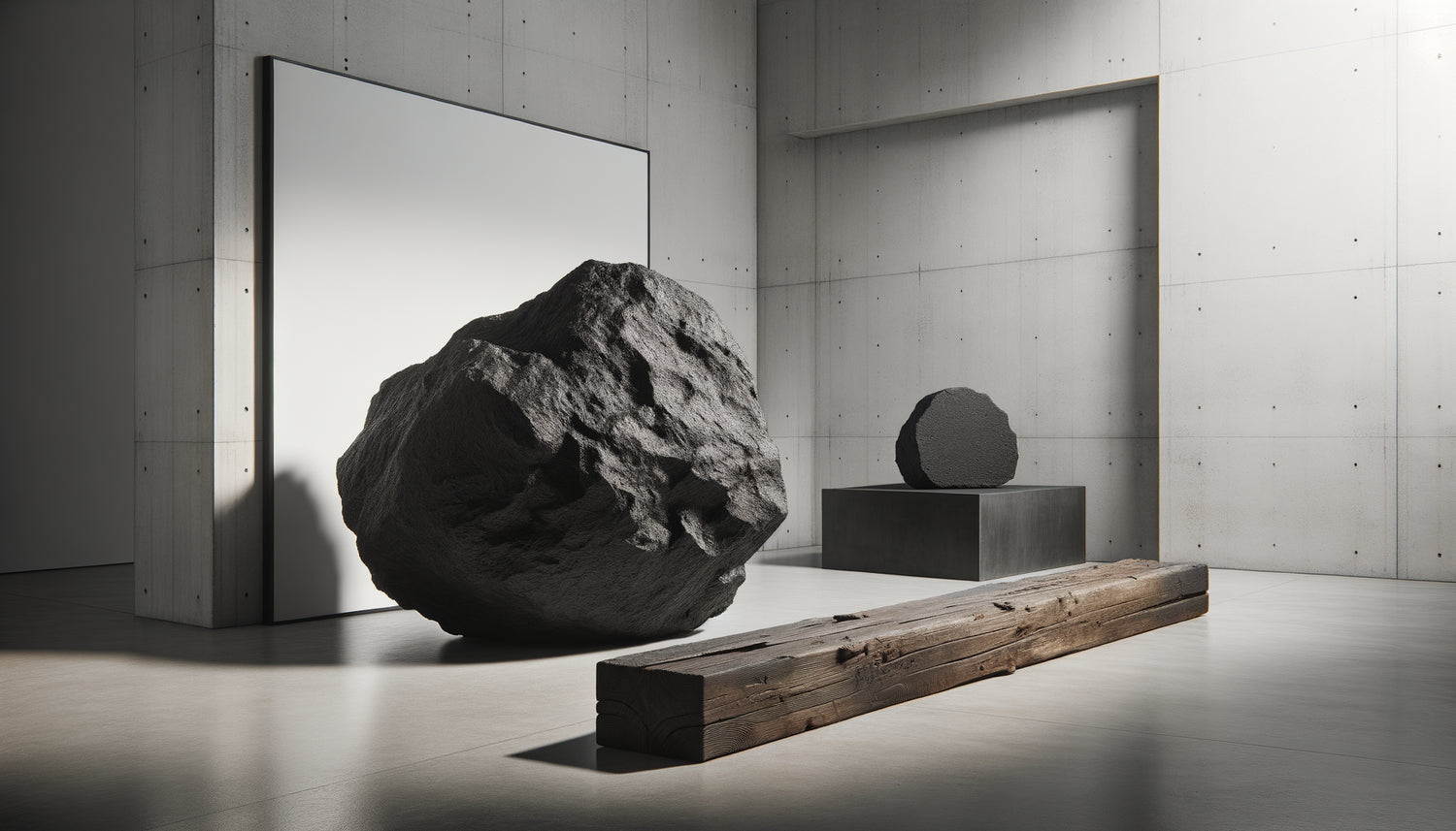 Installation Mono-ha années 1970 avec pierre brute et bois naturel, contraste noir blanc minimaliste japonais