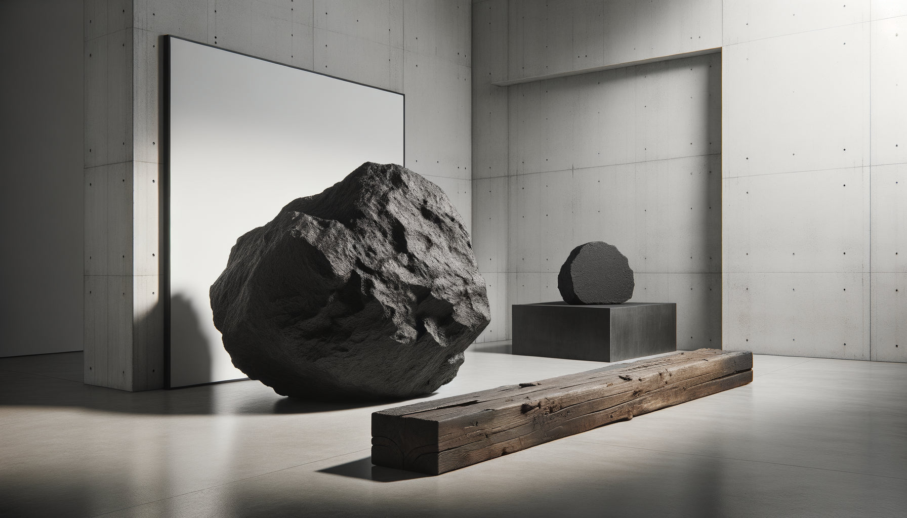 Installation Mono-ha années 1970 avec pierre brute et bois naturel, contraste noir blanc minimaliste japonais