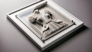 Montage sous verre d'une œuvre en relief textile avec espaceurs préservant la profondeur sculpturale, technique professionnelle d'encadrement