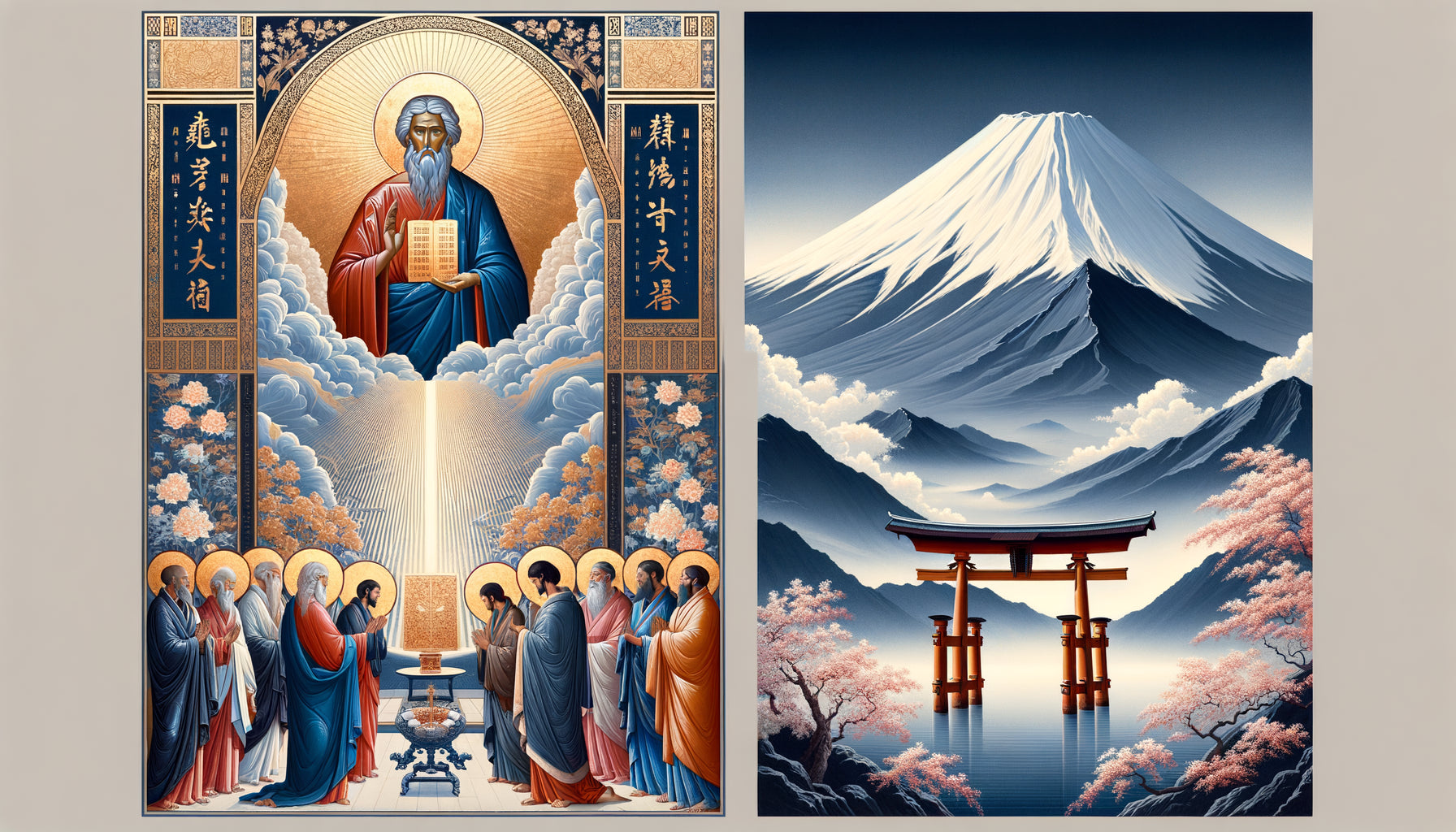 Iconographie religieuse traditionnelle du mont Sinaï byzantin et du mont Fuji japonais en styles authentiques