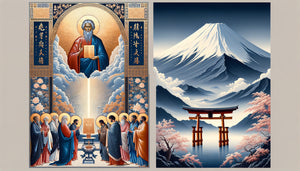 Iconographie religieuse traditionnelle du mont Sinaï byzantin et du mont Fuji japonais en styles authentiques