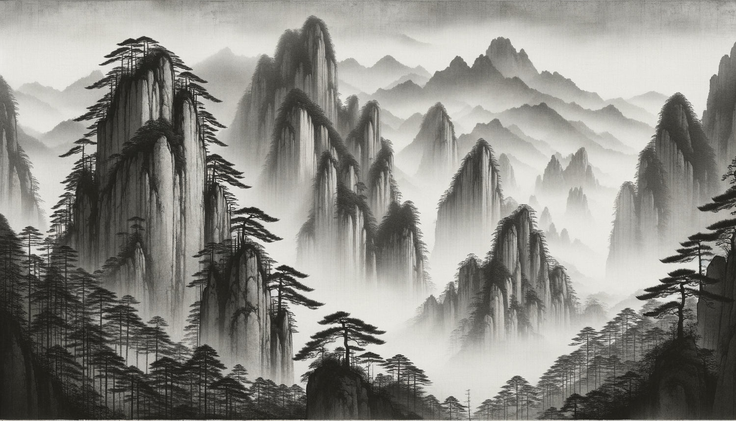 Peinture zen à l'encre de Chine : montagnes brumeuses émergeant de la brume, symbolisant l'immuabilité et la méditation spirituelle bouddhiste
