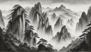 Peinture zen à l'encre de Chine : montagnes brumeuses émergeant de la brume, symbolisant l'immuabilité et la méditation spirituelle bouddhiste