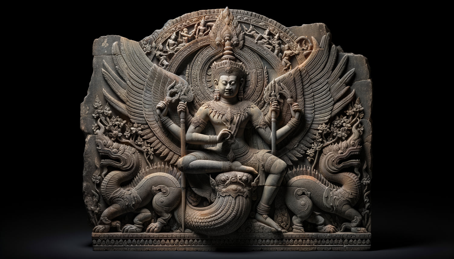 Relief en grès khmer ancien représentant les montures divines Garuda, Airavata, Nandi et nagas, style sculptural d'Angkor classique