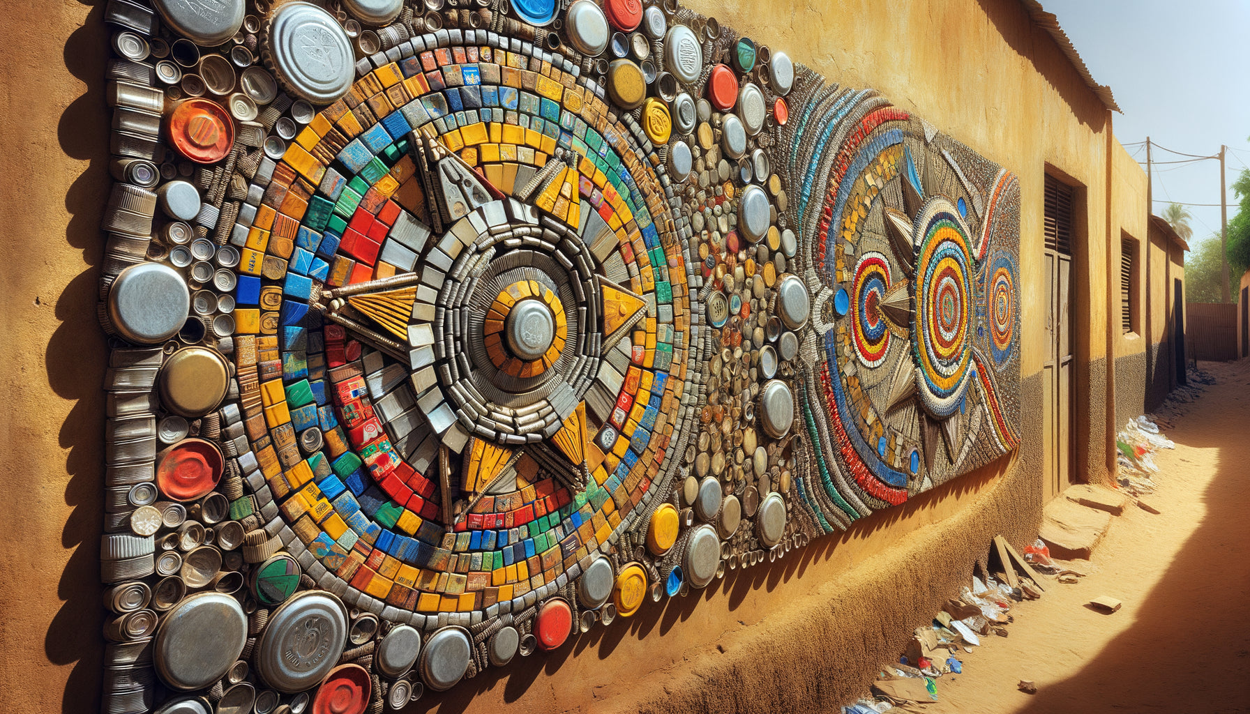 Mosaïque murale contemporaine à Bamako créée avec capsules métalliques et plastiques recyclés, motifs géométriques africains colorés