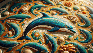 Gros plan d'une mosaïque romaine antique montrant des tesselles inclinées créant des reflets lumineux changeants sur un motif marin