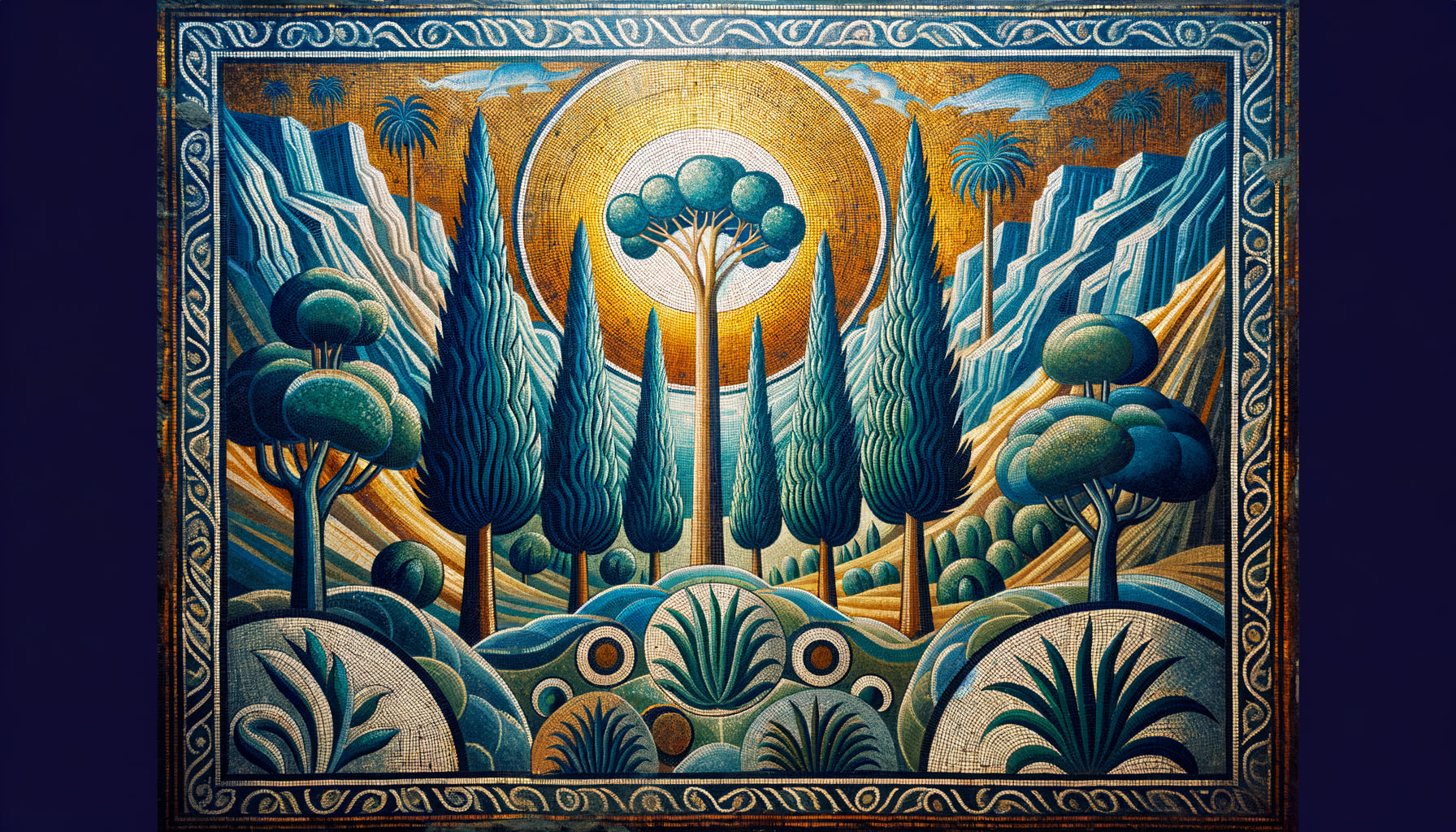 Détail de mosaïque byzantine de Ravenne avec paysage stylisé : arbres géométriques et fond doré symbolique, 6ème siècle