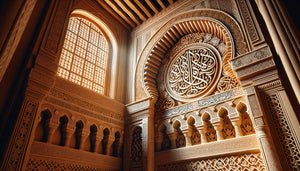 Détail architectural d'une mosquée sahélienne d'Afrique de l'Ouest avec motifs géométriques, calligraphie arabe et arabesques non-figuratives