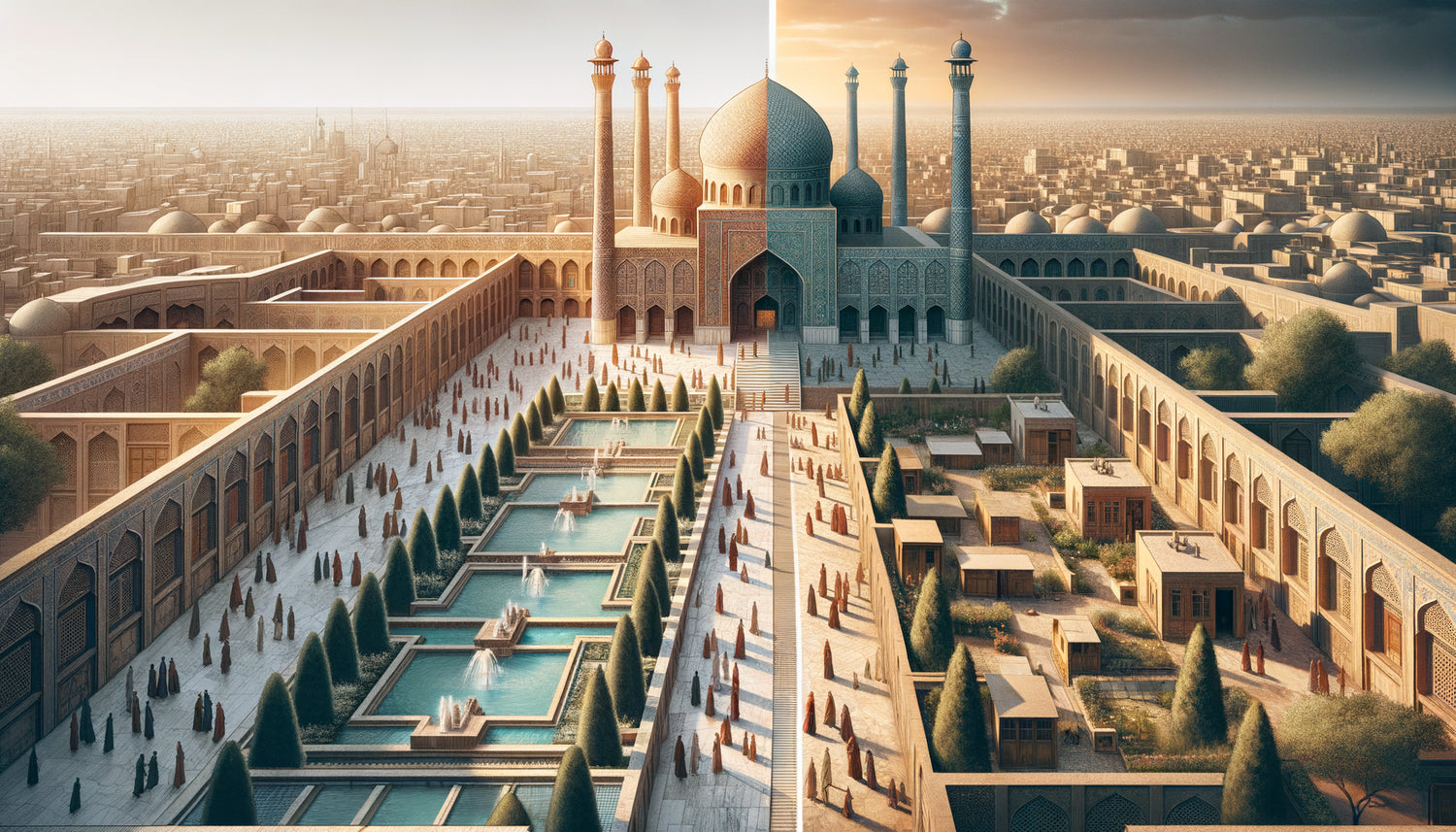 Comparaison architecturale entre mosquée du Vendredi monumentale avec jardins formels et mosquée de quartier intime intégrée