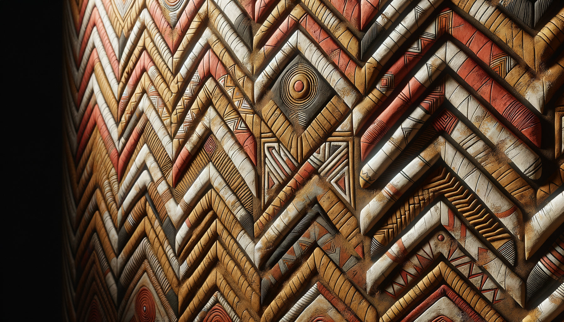 Mur traditionnel africain avec motifs chevrons peints à la main en pigments naturels ocre et blancs