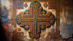 Fresque murale chrétienne éthiopienne ancienne avec motifs cruciformes géométriques complexes aux couleurs vives traditionnelles