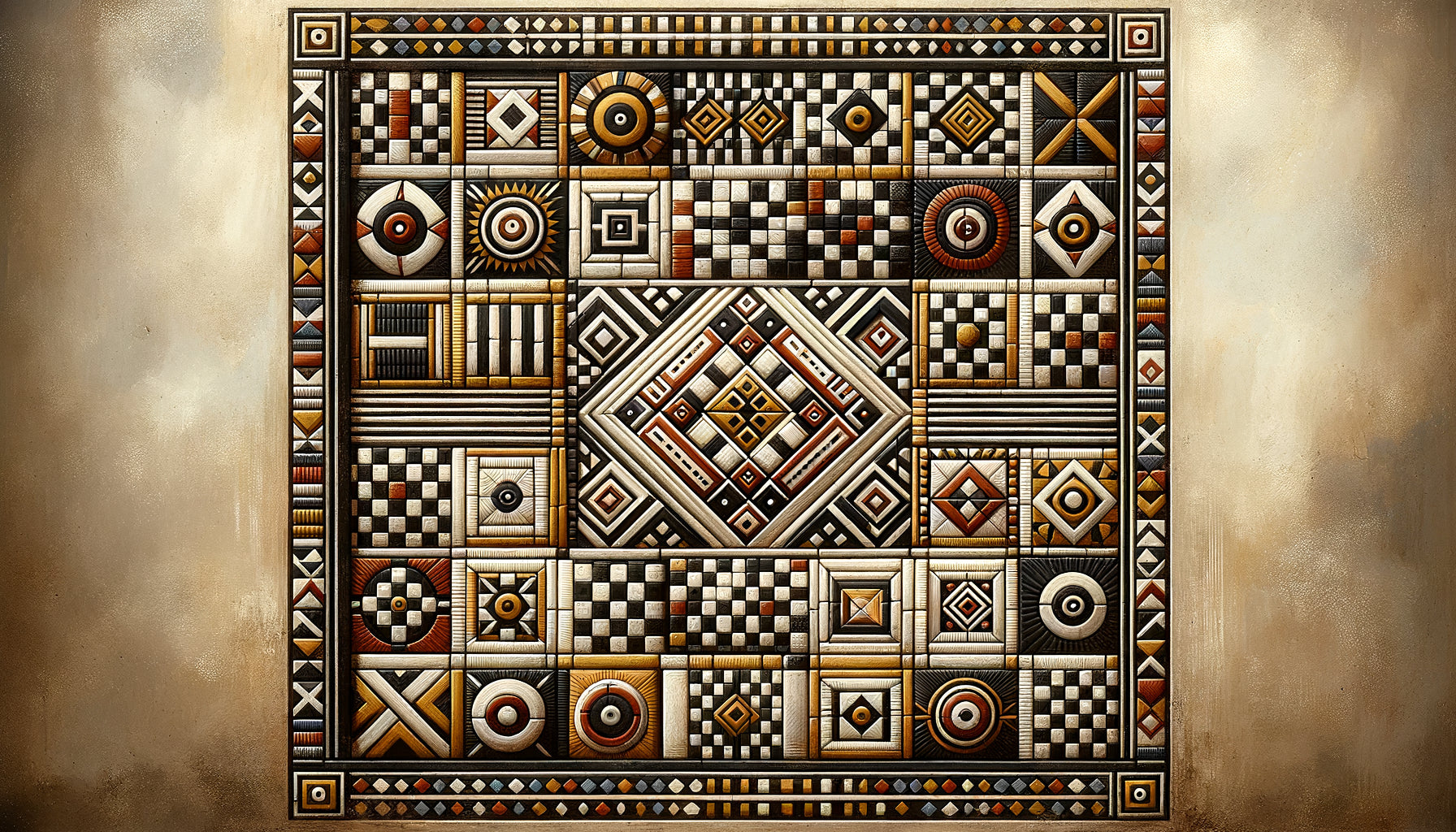 Peinture murale traditionnelle d'Afrique centrale avec motifs en damier sacrés de la cosmologie bantoue, style Bamiléké et Kuba