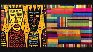 Twee schilderijen naast elkaar: Tribal Heritage maskers en Textiele patchworktekening