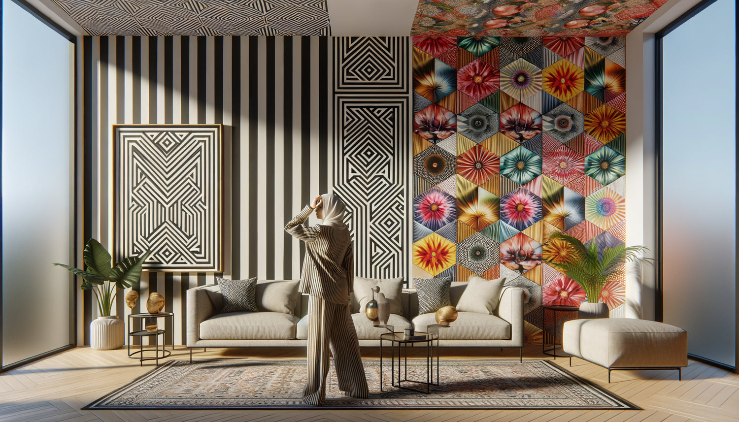 Intérieur contemporain montrant différents motifs décoratifs complexes créant confusion spatiale et perceptuelle